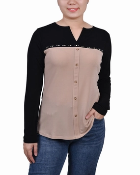 Petite Long Sleeve Studded Colorblocked Split Neck Top Sustainable Production Methods EcoDyeProcess