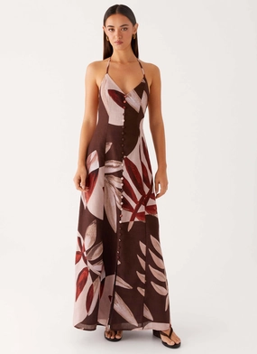 Autumn Linen Maxi Dress - Cinnamon Palm Office Tone Vibrant Form