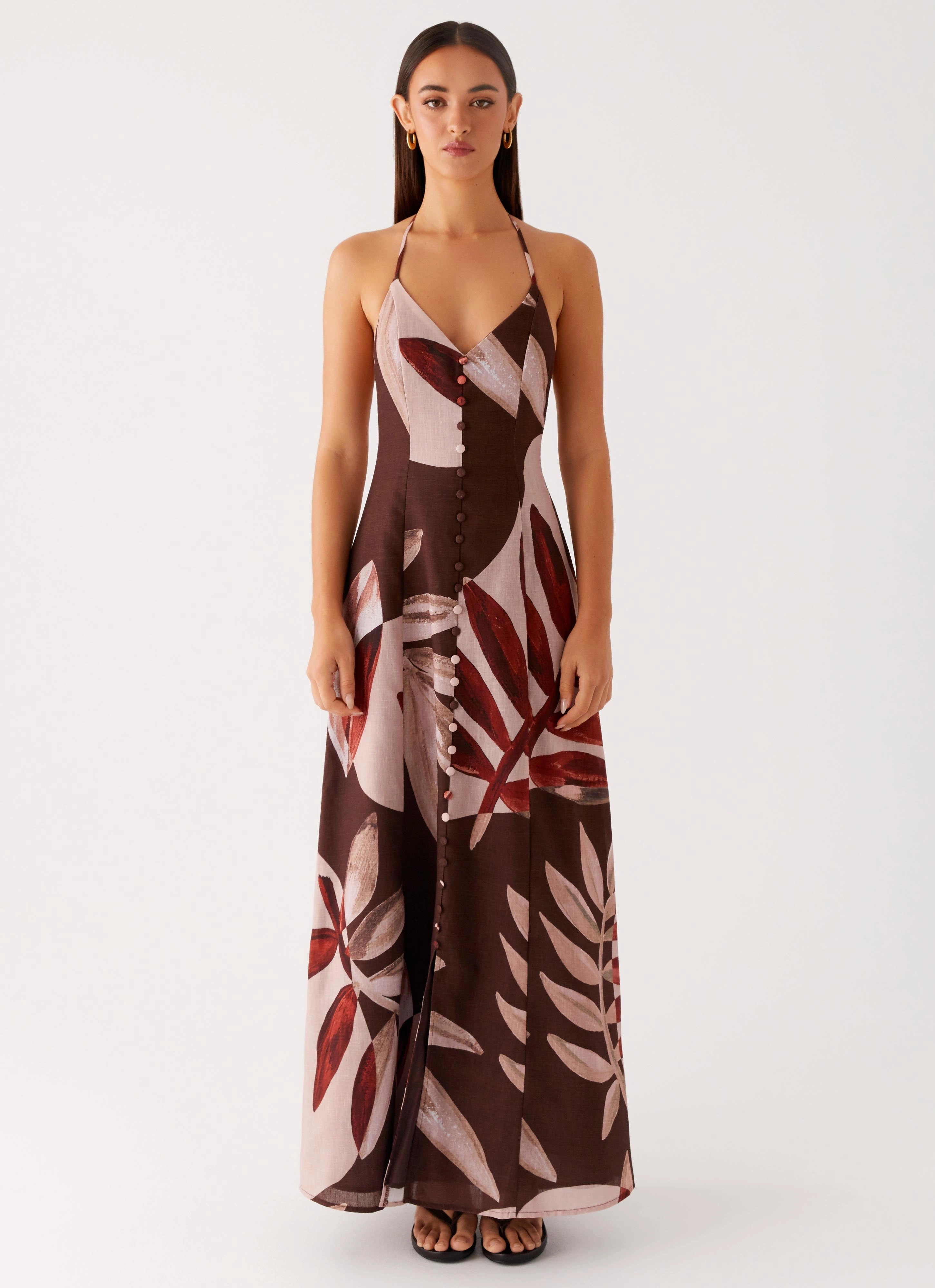 Quiet Luxury Winter Wrap Autumn Linen Maxi Dress - Cinnamon Palm