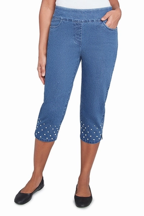 Dynamic Motion Petite Flower Power Pearl Studded Denim Capri Pant