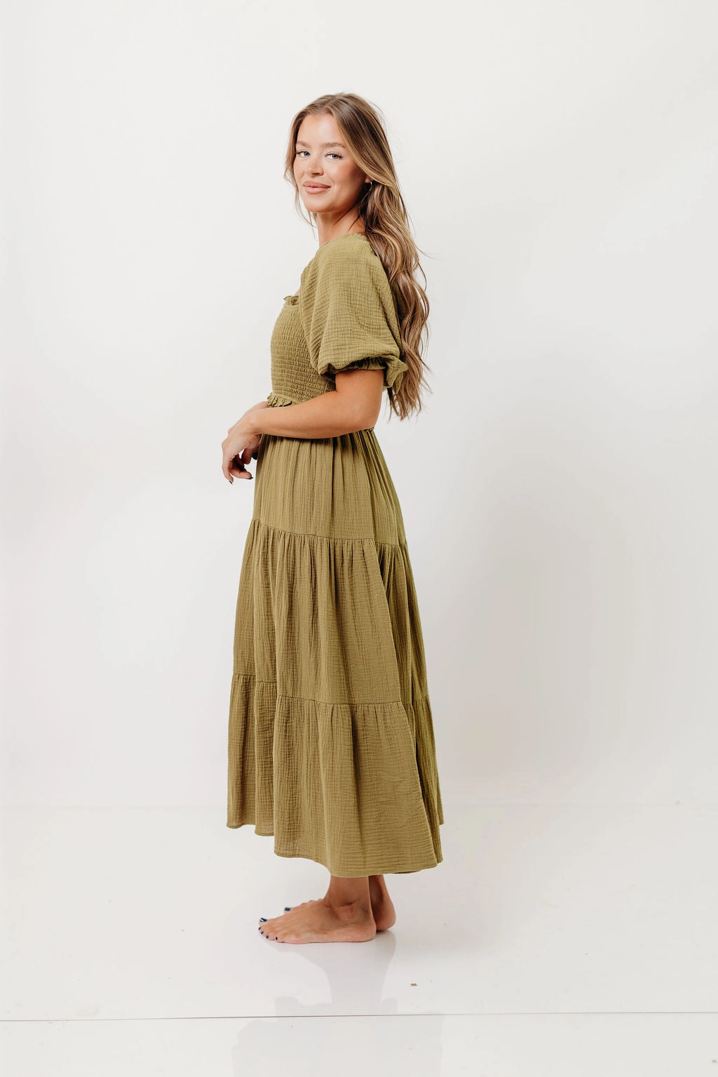 Elena 100% Cotton Midi Dress in Olive *10/6 PRE-ORDER* Flowy casual dress Luxury Feel