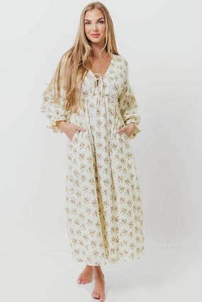 Soft Gradient Hunter 100% Cotton Gauze Maxi Dress with Detail Trimming in Cream Taupe Floral - Bump Friendly and Inclusive Sizing