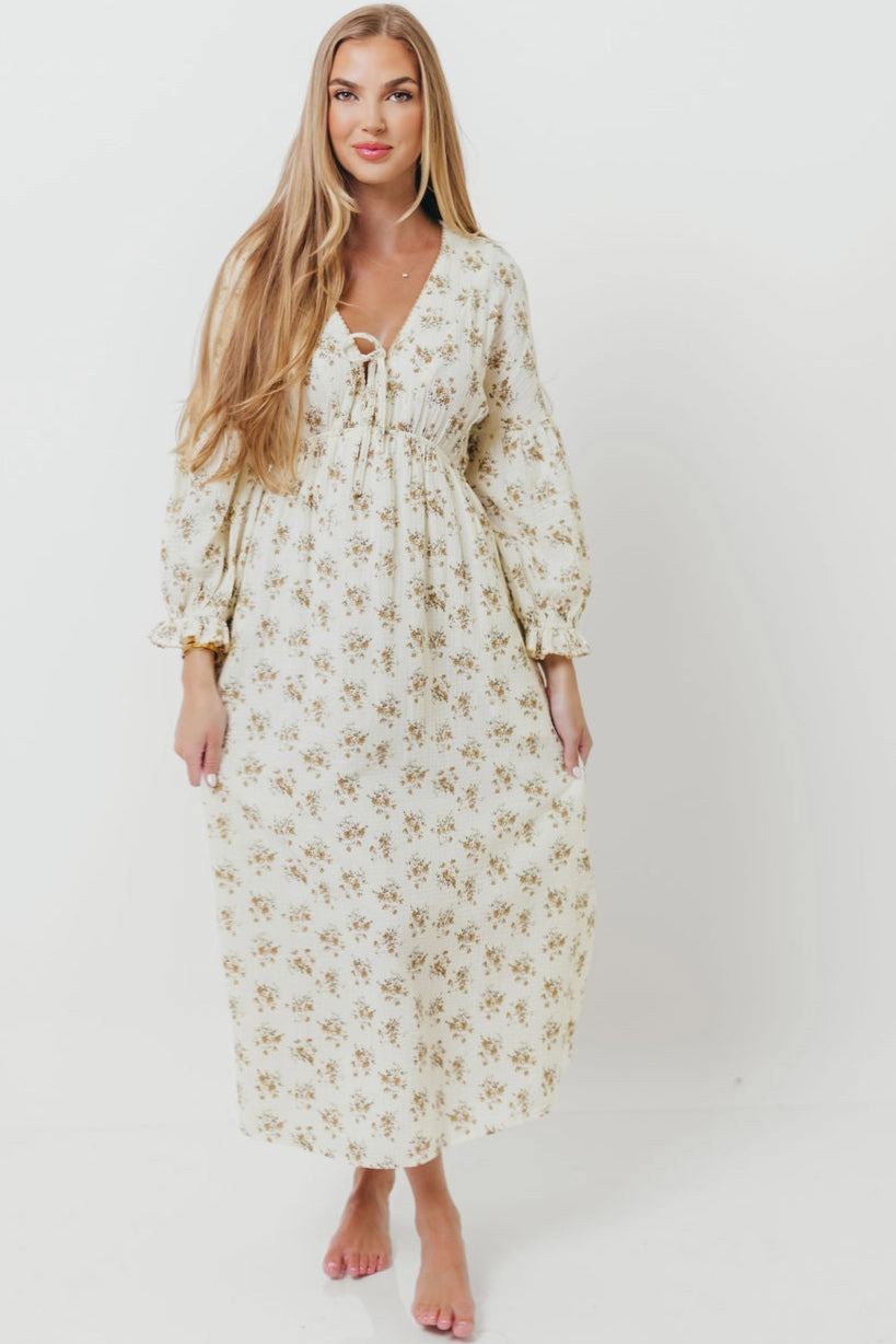 Jewel-Tone Soft Mesh Hunter 100% Cotton Gauze Maxi Dress with Detail Trimming in Cream Taupe Floral - Bump Friendly and Inclusive Sizing