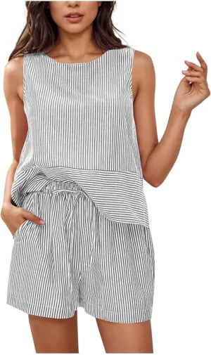 Ruziyoog Women's Summer 2 Piece Outfits Sleeveless Tank Top Matching Drawstring Shorts Striped Sweatsuits Vacation Beach 2025