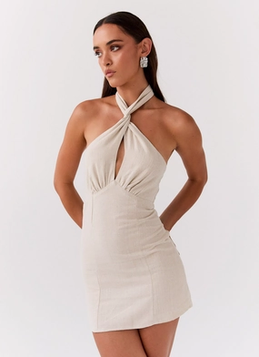 Premium Look Polished Mood Sabine Linen Mini Dress - Oatmeal