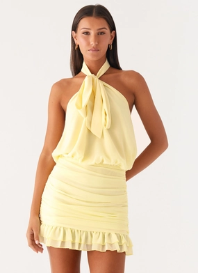 Saebi Tie Neck Mini Dress - Lemon Calm Finish Calm Tone