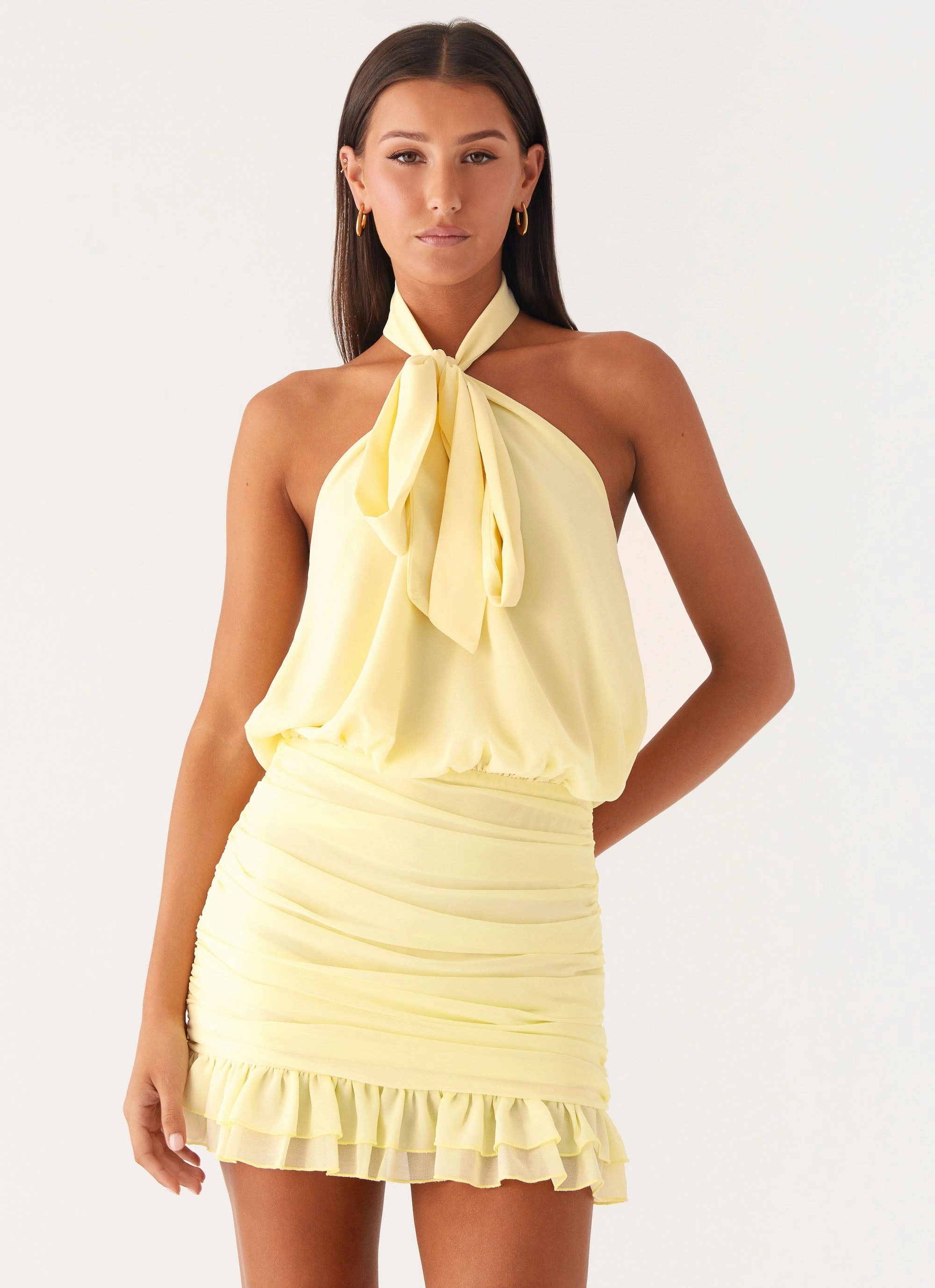 Saebi Tie Neck Mini Dress - Lemon Calm Finish Calm Tone