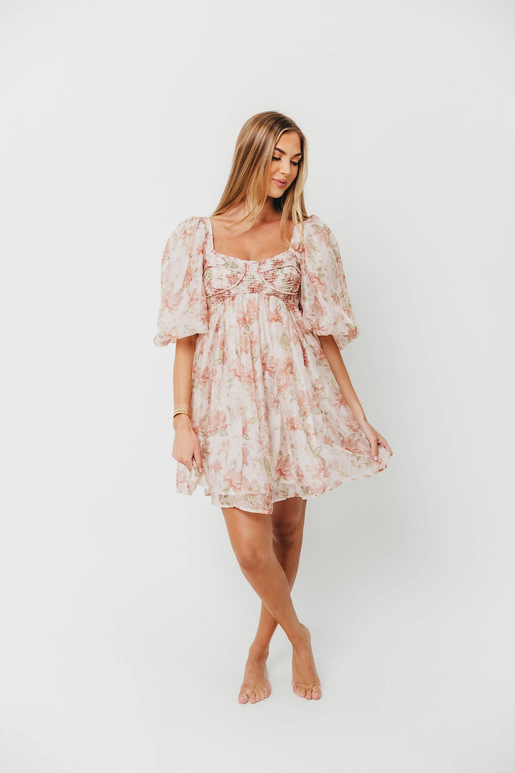 Saint Malo Floral Smocked Mini Dress in Peach *Final-Sale* Refined Cut