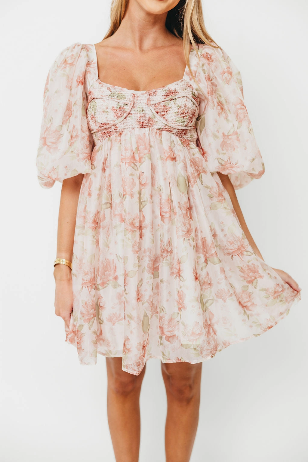Sophisticated Line Saint Malo Floral Smocked Mini Dress in Peach *Final-Sale*