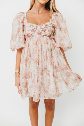 Sophisticated Line Saint Malo Floral Smocked Mini Dress in Peach *Final-Sale*