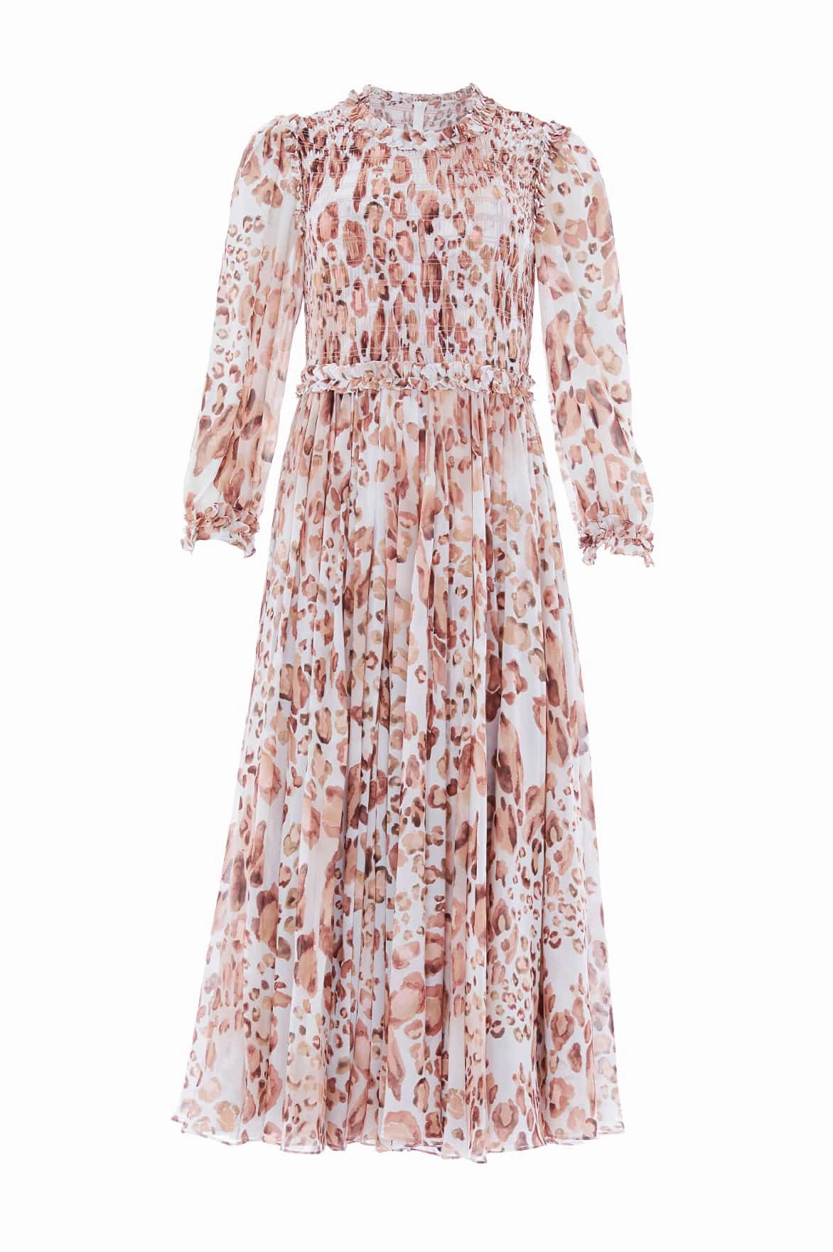 Work Look Dainty Finish Leopard Chiffon Smocked Ballerina Dress