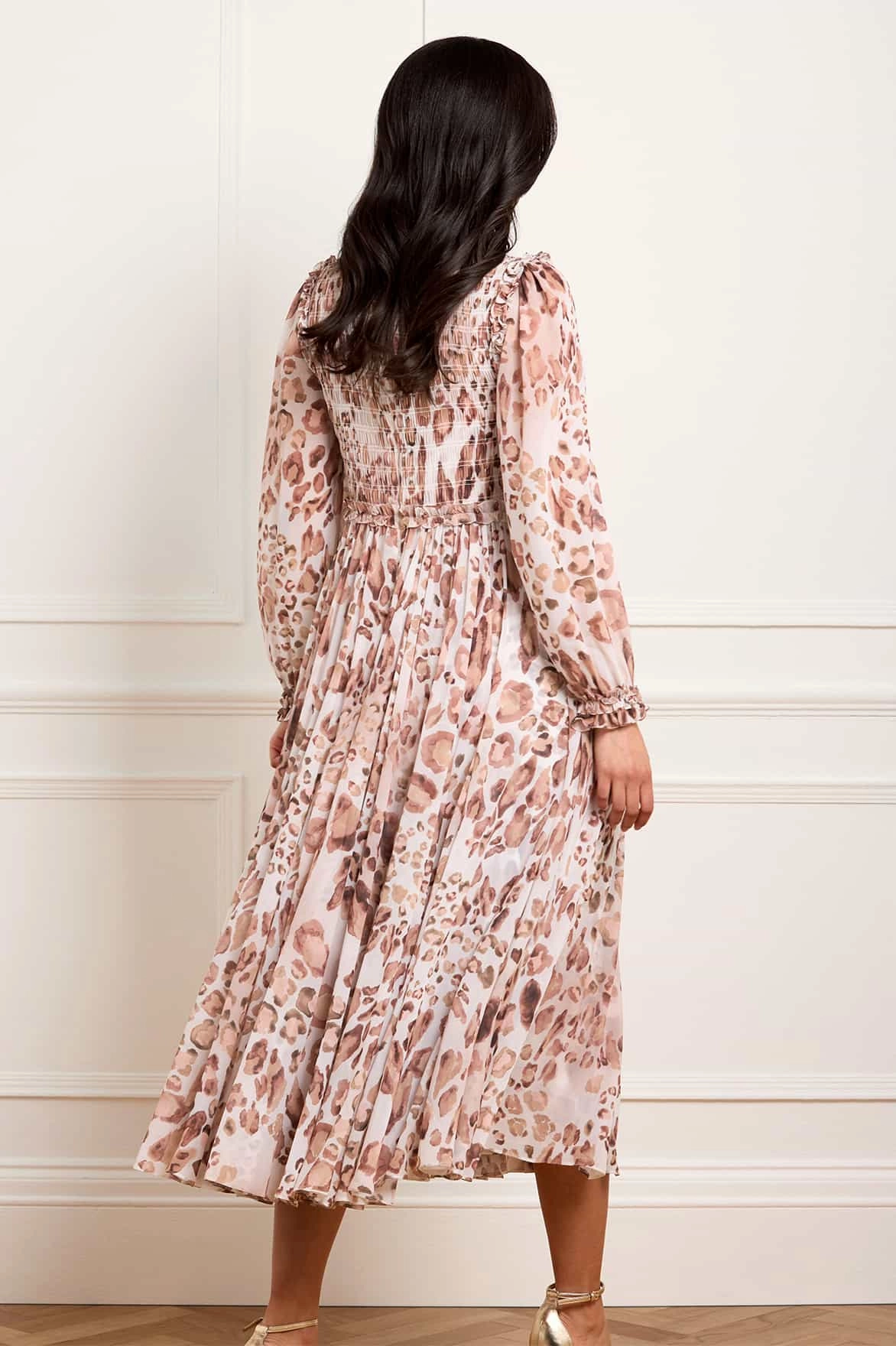 Date-Night Leopard Chiffon Smocked Ballerina Dress