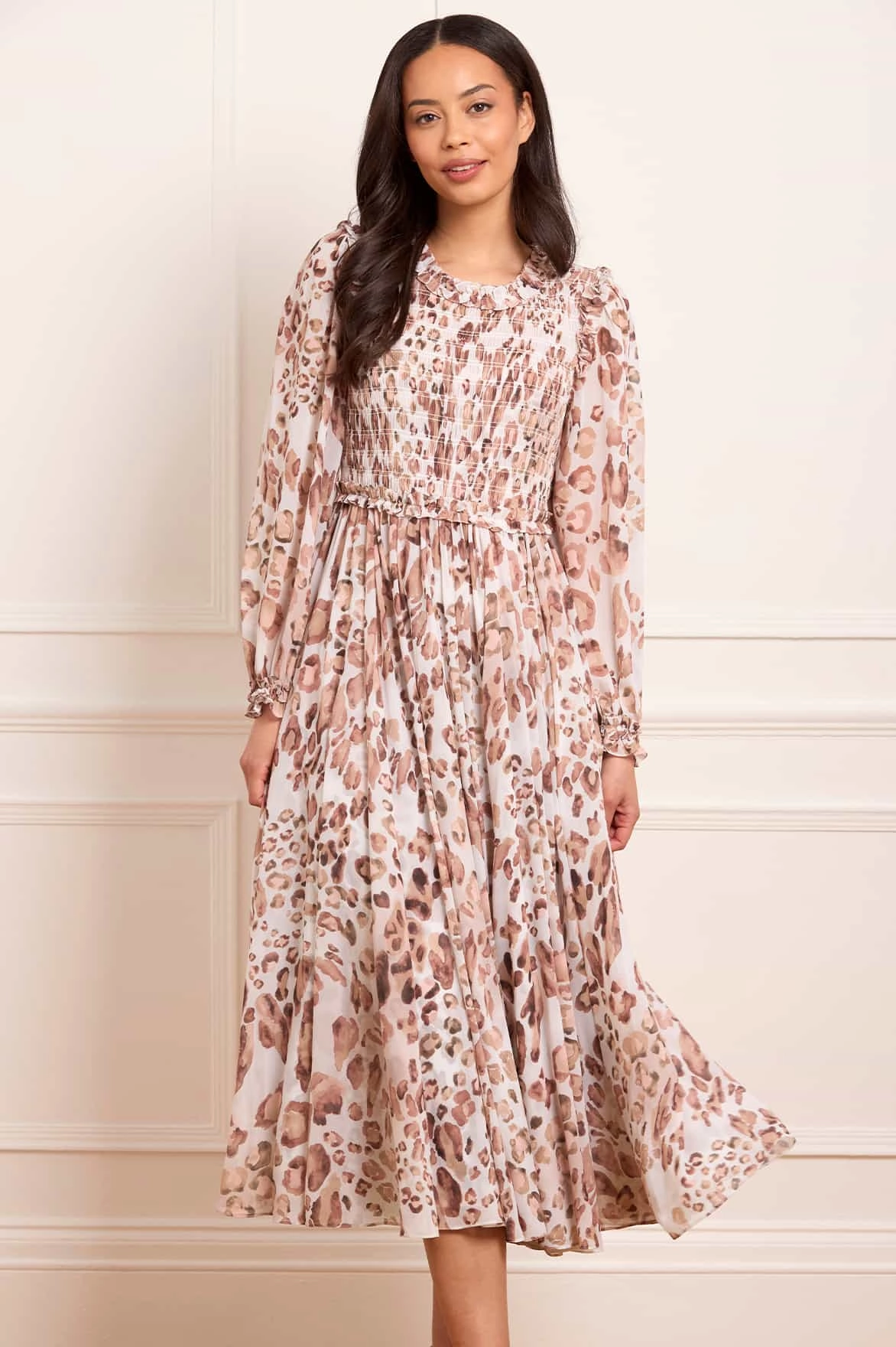 Leopard Chiffon Smocked Ballerina Dress Sleeve Light