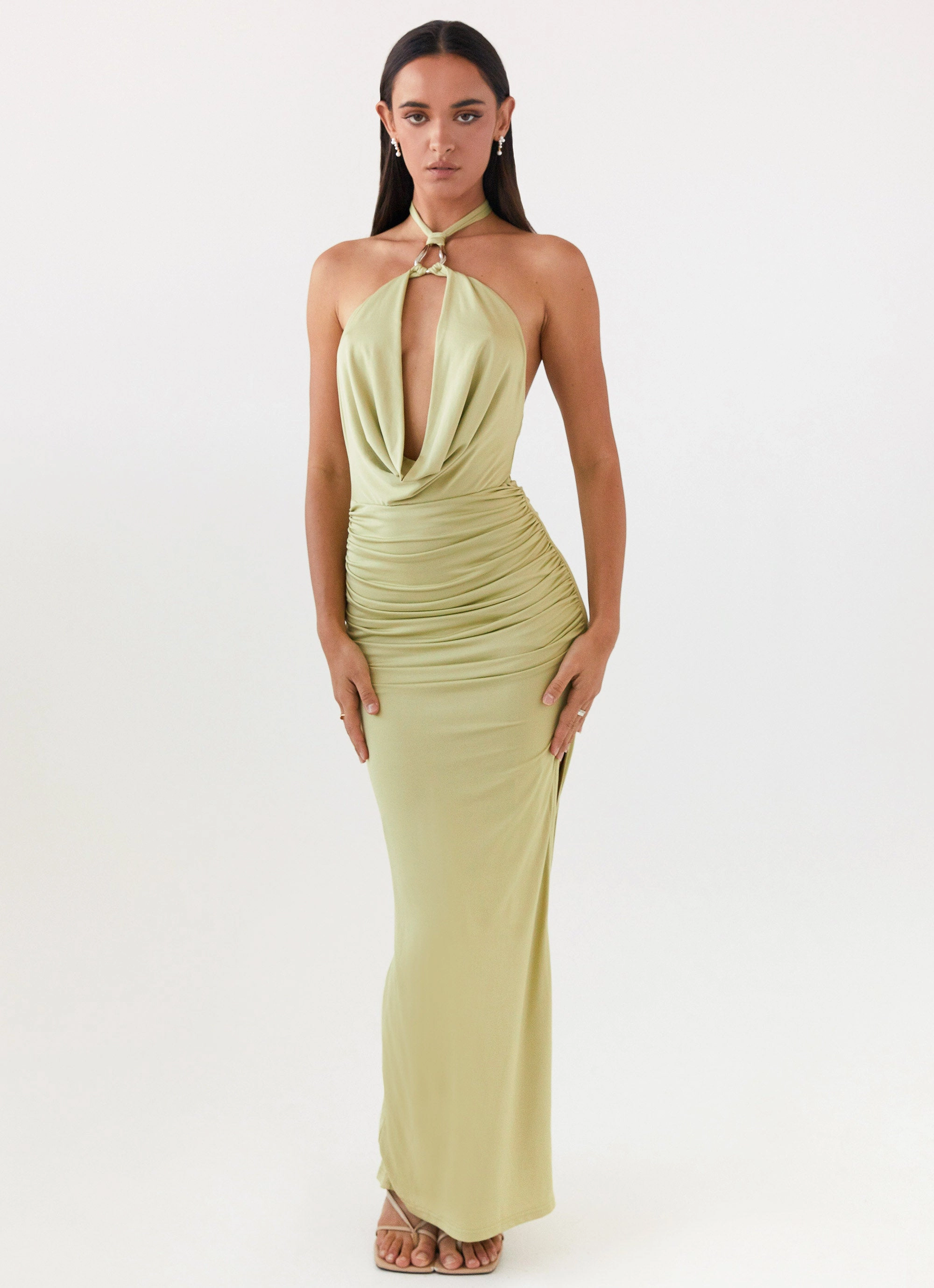 Contemporary Waist Layered Wear Samara Halterneck Maxi Dress - Sage
