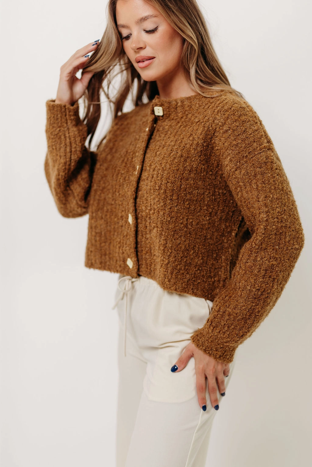 Bohemian style NonScratchyLining Samara Plush Cardigan Top in Dark Mustard