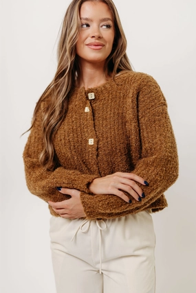 Samara Plush Cardigan Top in Dark Mustard Stretch Knit Material Two Tone Texture Effect