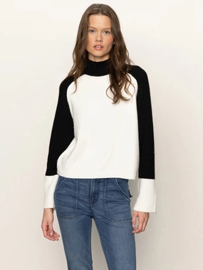 Hypoallergenic Inner Layer Non Chafe Armholes Sanctuary Downtown Mock Neck Sweater in Black/ Chalk