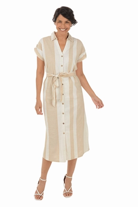 Sleek Layer Sand Striped Button-Front Dress