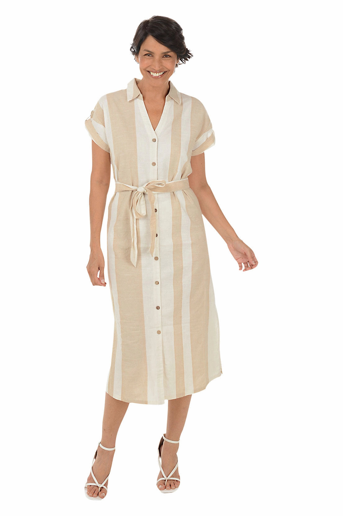 Sleek Outline Vibrant Design Sand Striped Button-Front Dress