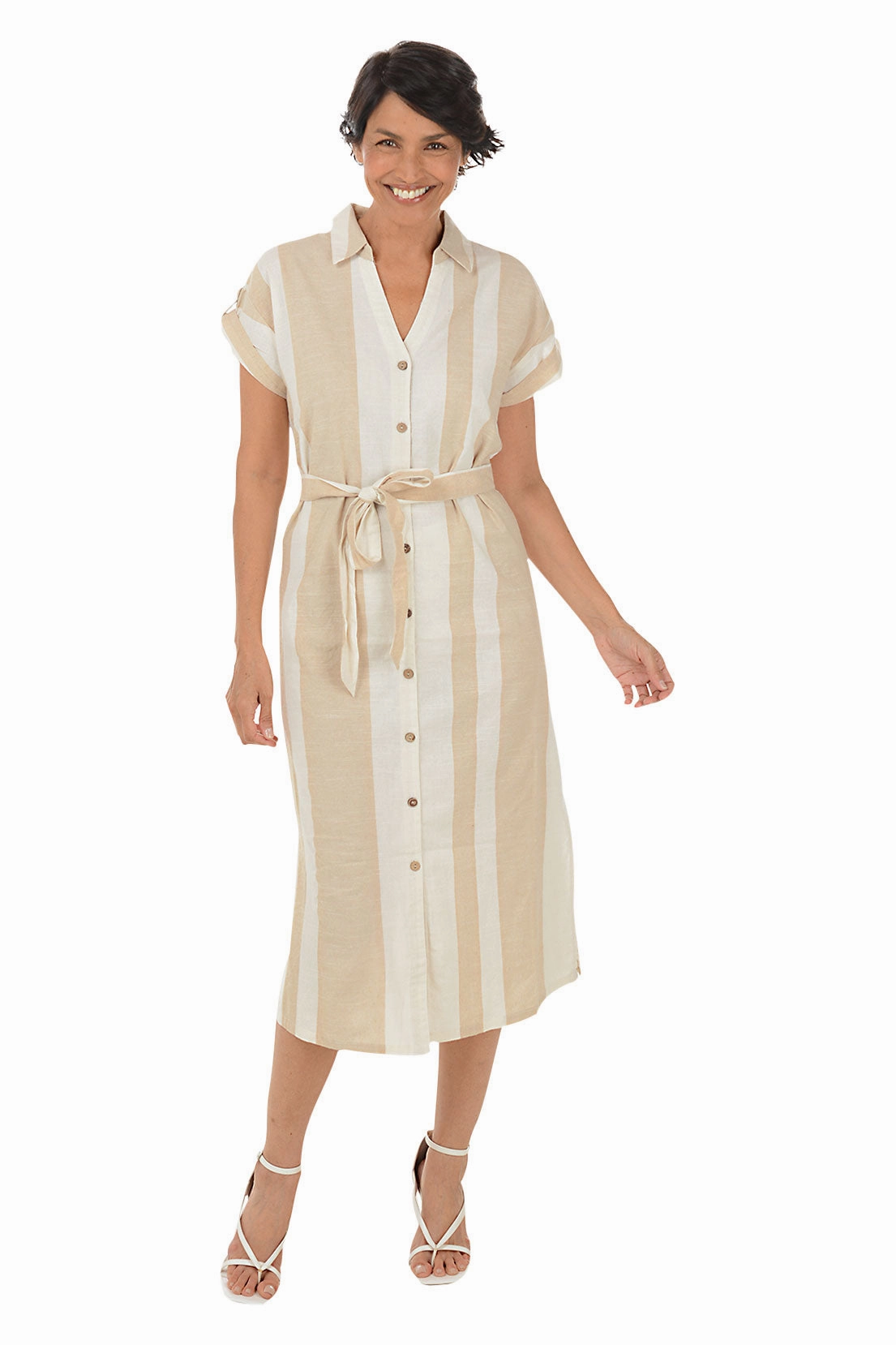 Shared Glow Sand Striped Button-Front Dress