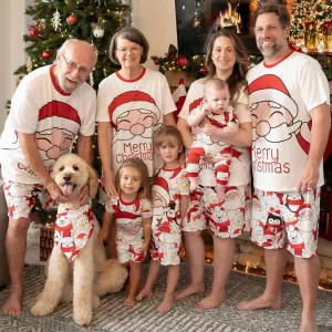 Santa Claus Merry Christmas Short Sleeve Christmas Pajama Allover Penguin and Santa Print