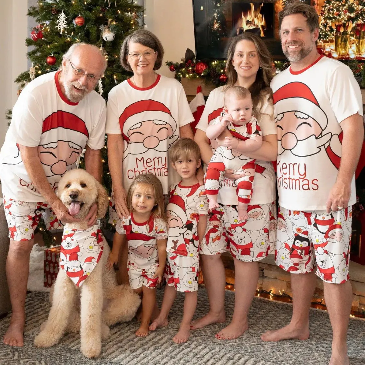 Santa Claus Merry Christmas Short Sleeve Christmas Pajama Allover Penguin and Santa Print