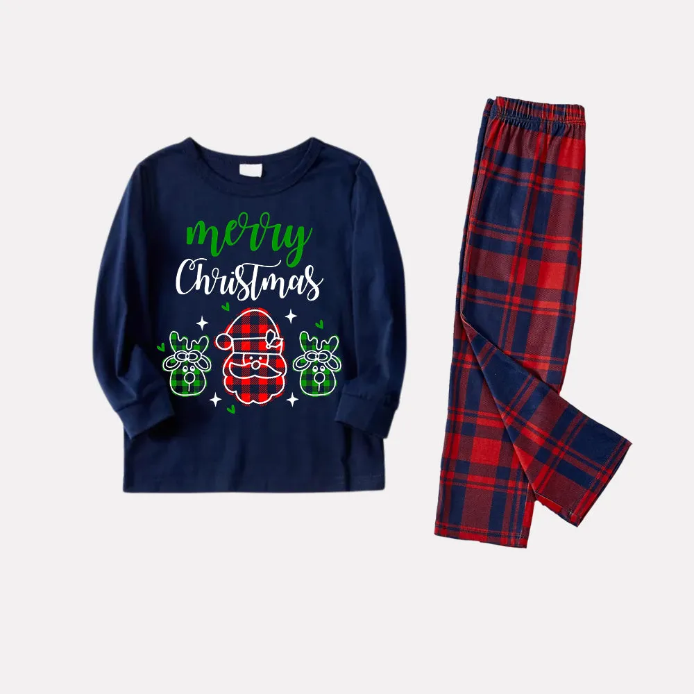 Santa Moose Cute Cartoon Pattern "Merry Christmas" Letter Prints Blue Long Sleeves Top with Classic Red & Blue Plaid Pants Family Matching Pajamas