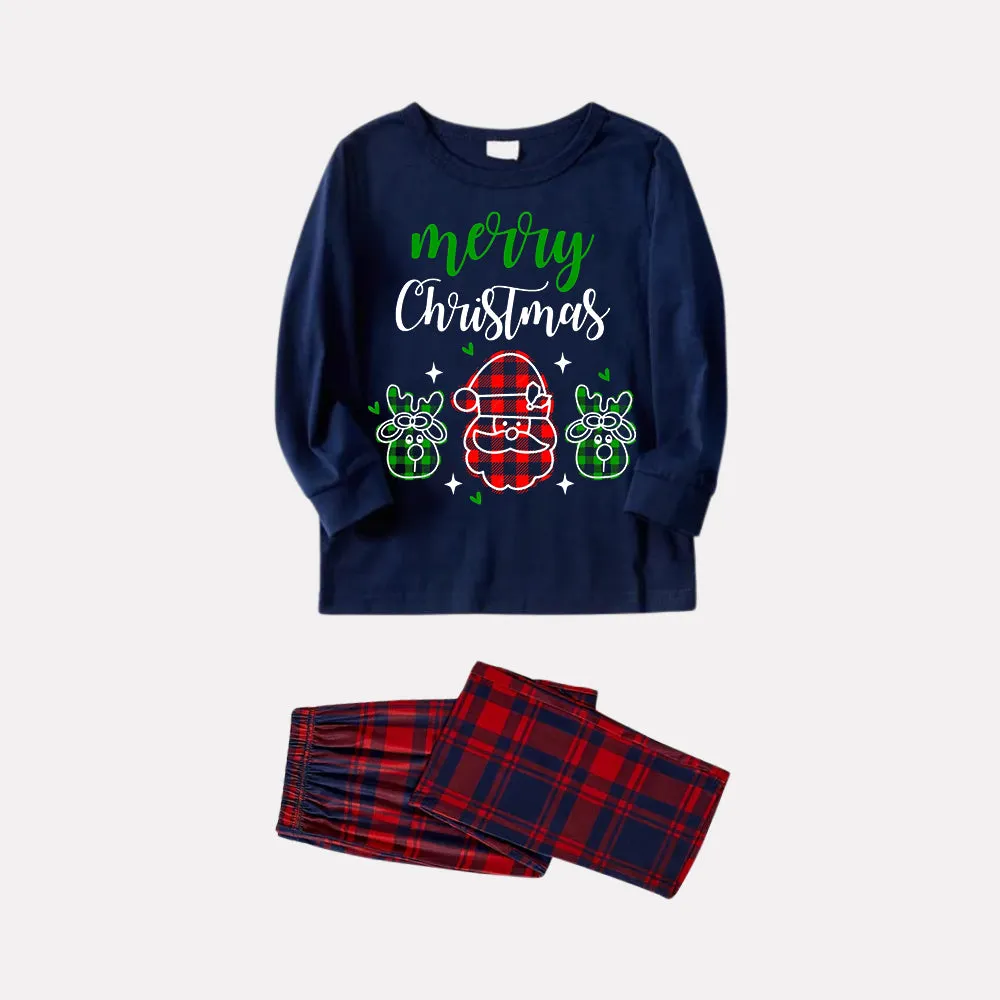 Santa Moose Cute Cartoon Pattern "Merry Christmas" Letter Prints Blue Long Sleeves Top with Classic Red & Blue Plaid Pants Family Matching Pajamas