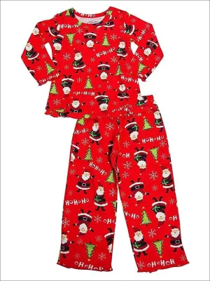 Sara's Prints Little Girls Long Sleeve HoHoHo Santa Ruffle Pajamas
