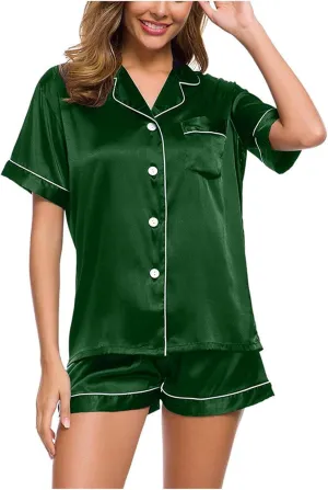 Satin Pajama Set for Women Short Sleeve Silk Pajamas Button Down Sleepwear & Shorts Comfy Soft Two Piece Loungewear
