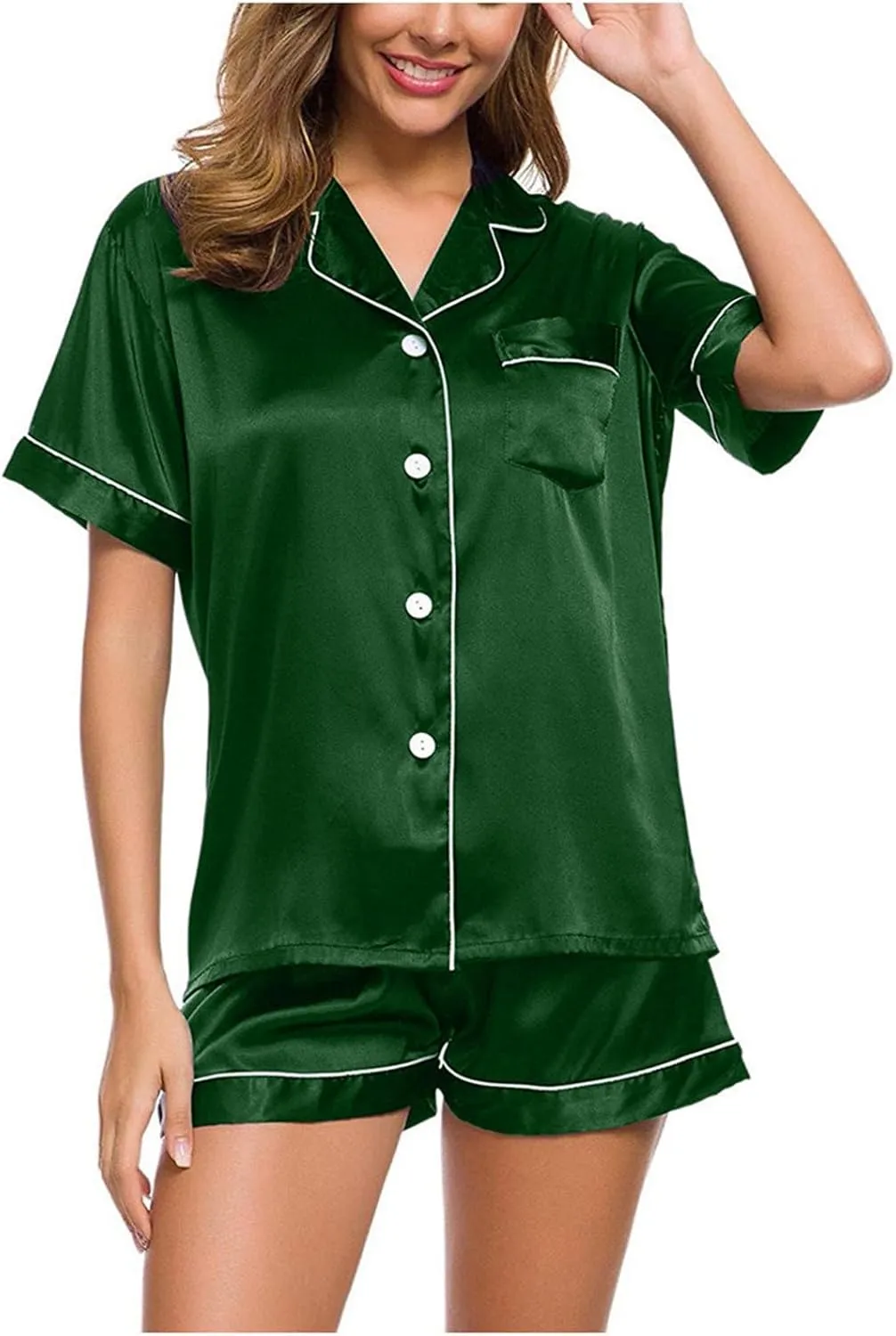Satin Pajama Set for Women Short Sleeve Silk Pajamas Button Down Sleepwear & Shorts Comfy Soft Two Piece Loungewear
