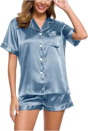 Satin Pajama Set for Women Short Sleeve Silk Pajamas Button Down Sleepwear & Shorts Comfy Soft Two Piece Loungewear