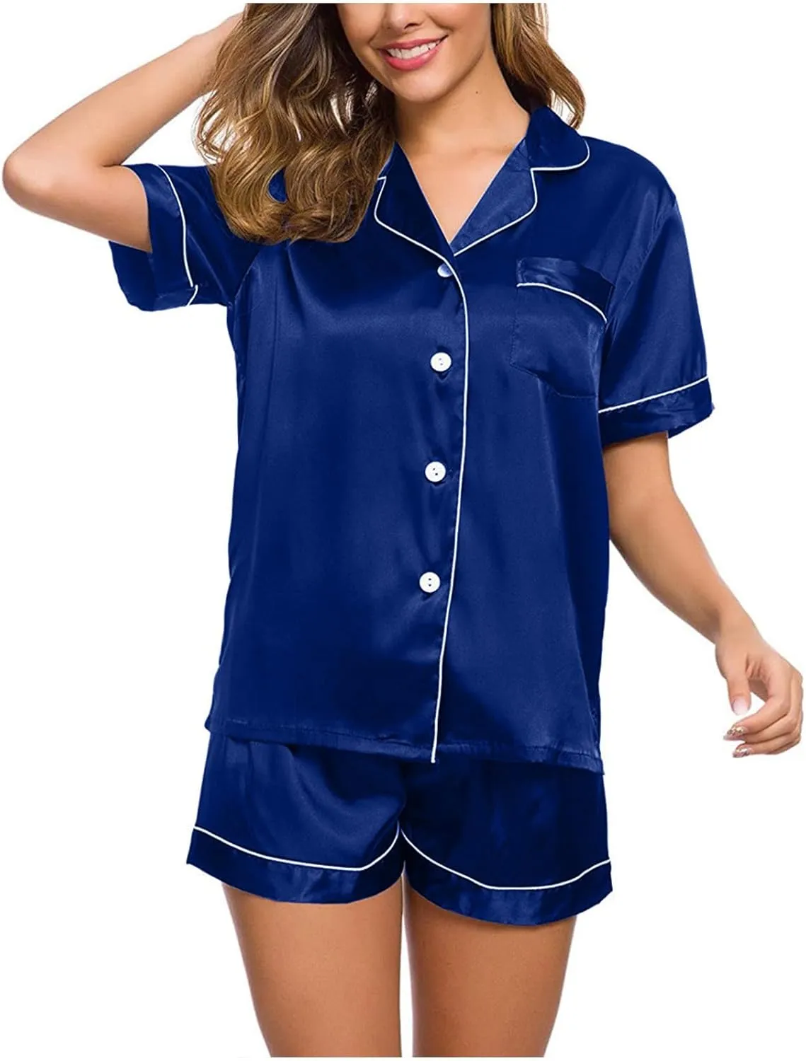 Satin Pajama Set for Women Short Sleeve Silk Pajamas Button Down Sleepwear & Shorts Comfy Soft Two Piece Loungewear