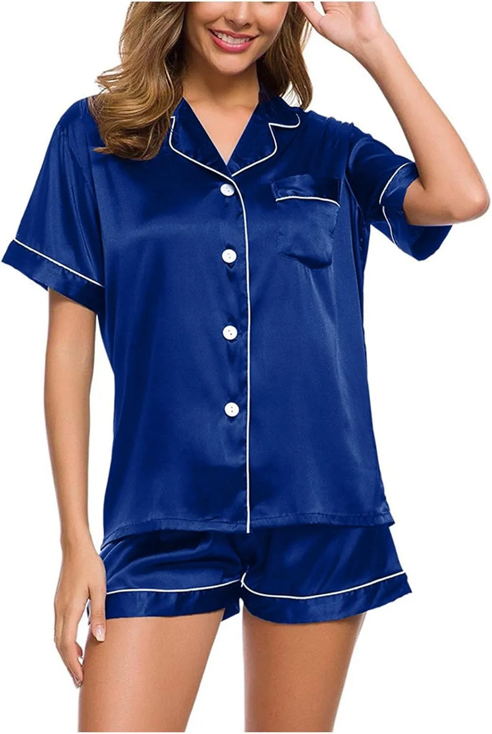 Satin Pajama Set for Women Short Sleeve Silk Pajamas Button Down Sleepwear & Shorts Comfy Soft Two Piece Loungewear