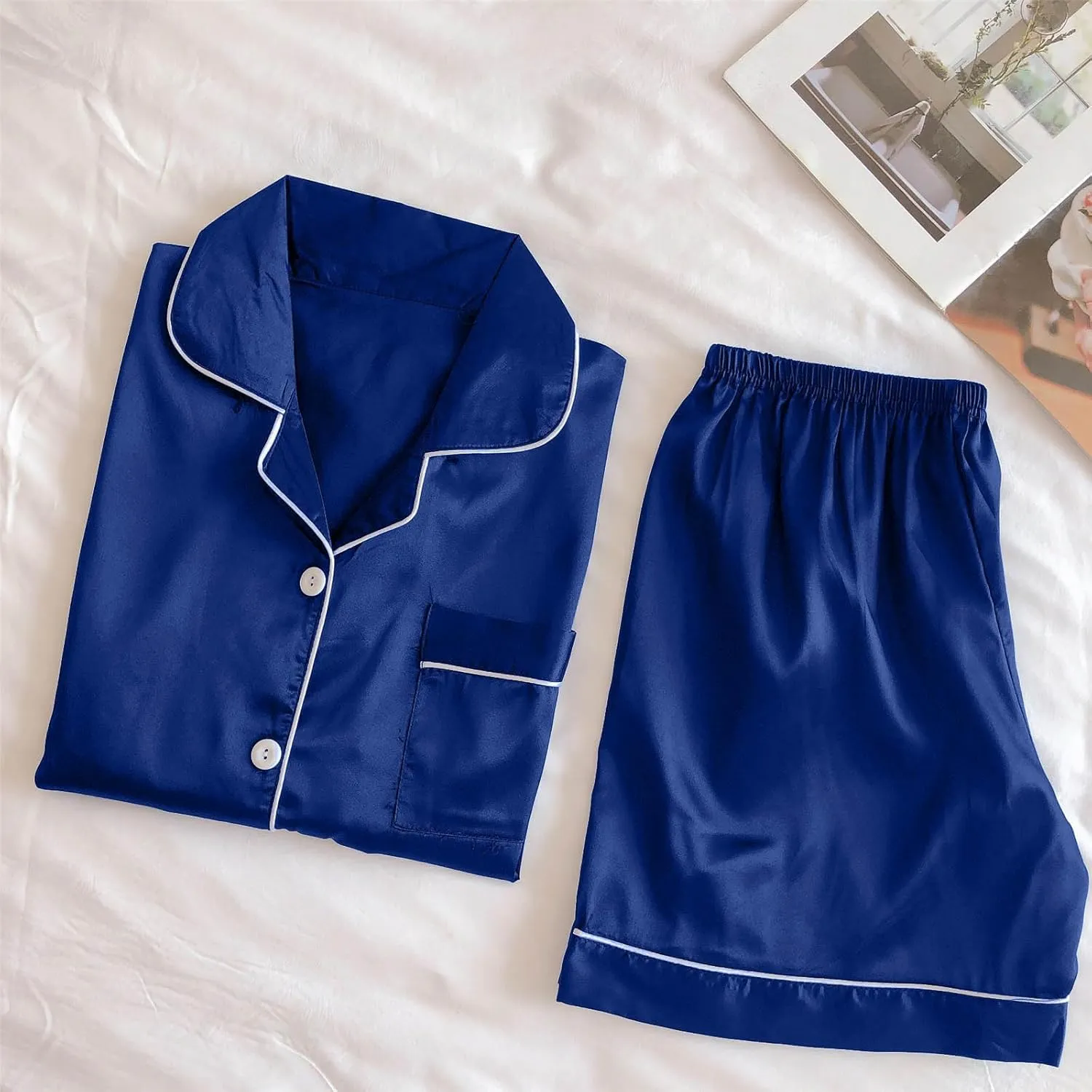Satin Pajama Set for Women Short Sleeve Silk Pajamas Button Down Sleepwear & Shorts Comfy Soft Two Piece Loungewear