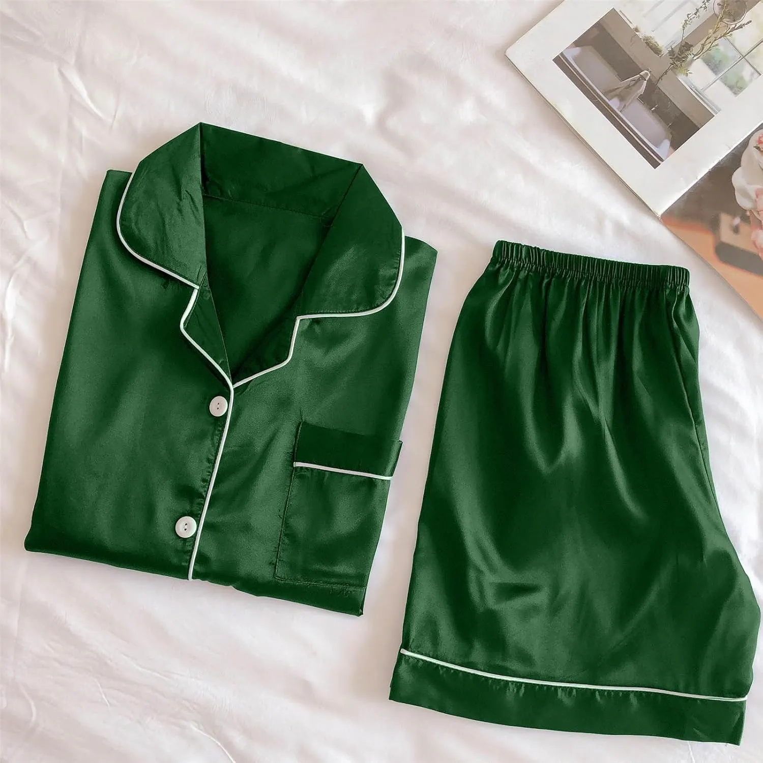 Satin Pajama Set for Women Short Sleeve Silk Pajamas Button Down Sleepwear & Shorts Comfy Soft Two Piece Loungewear