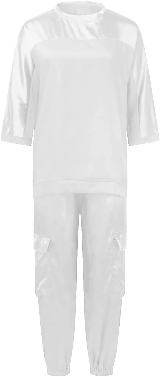 Satin Pajama Set Womens Silk Half Sleeve O Neck Shirt with Long Pant Soft Loungewear Pjs Set Loungewear