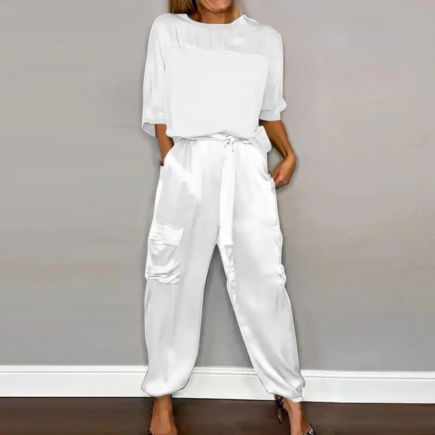 Satin Pajama Set Womens Silk Half Sleeve O Neck Shirt with Long Pant Soft Loungewear Pjs Set Loungewear
