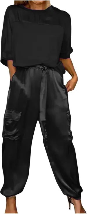 Satin Pajama Set Womens Silk Half Sleeve O Neck Shirt with Long Pant Soft Loungewear Pjs Set Loungewear