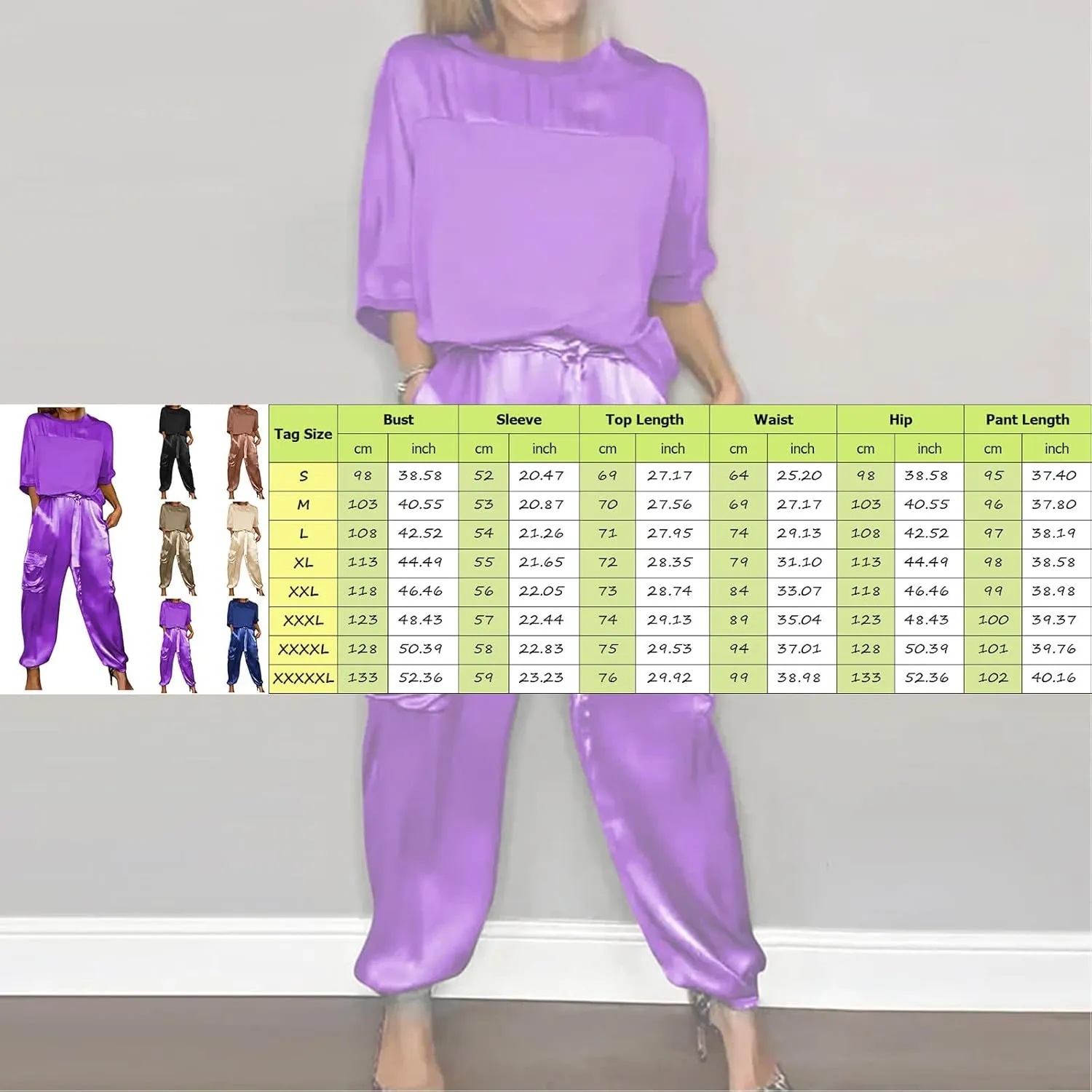 Satin Pajama Set Womens Silk Half Sleeve O Neck Shirt with Long Pant Soft Loungewear Pjs Set Loungewear