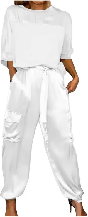 Satin Pajama Set Womens Silk Half Sleeve O Neck Shirt with Long Pant Soft Loungewear Pjs Set Loungewear