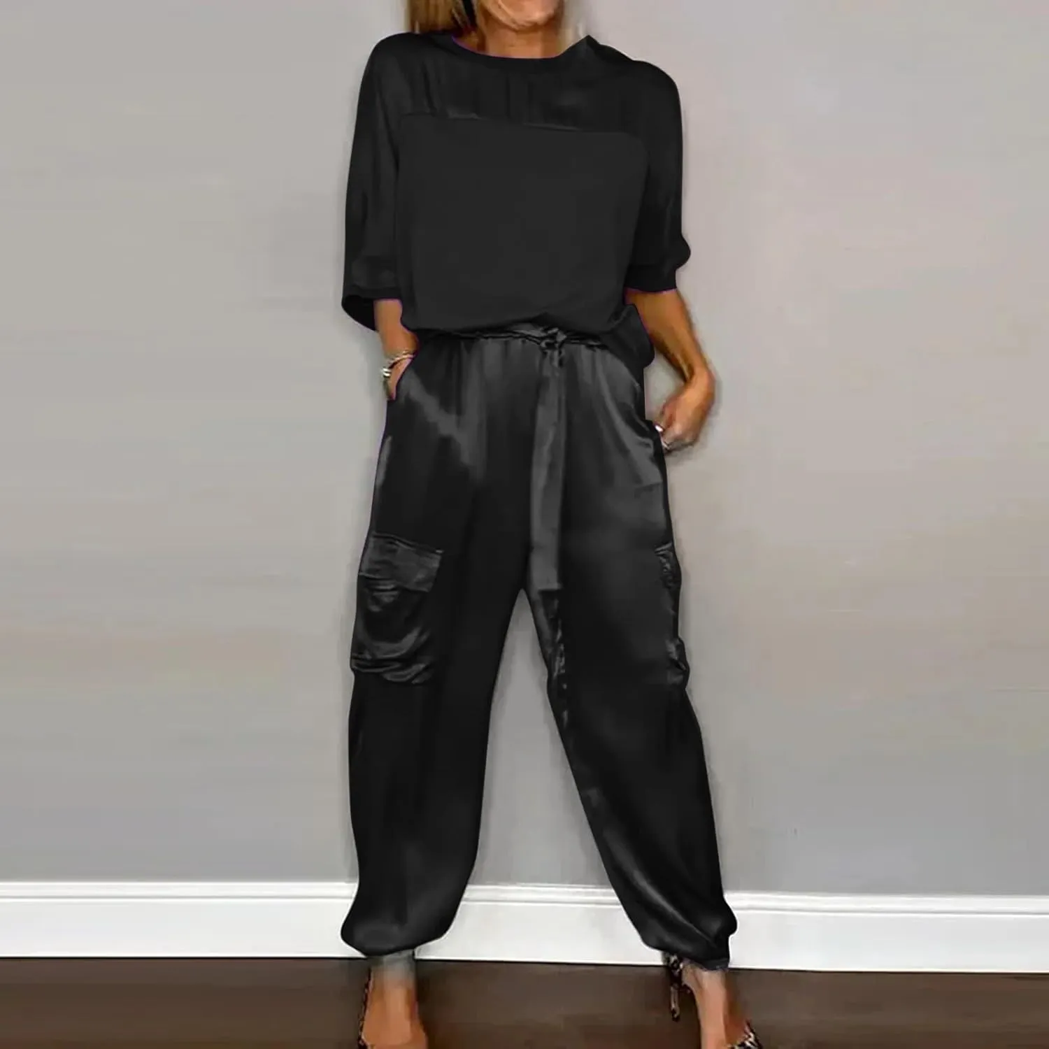 Satin Pajama Set Womens Silk Half Sleeve O Neck Shirt with Long Pant Soft Loungewear Pjs Set Loungewear