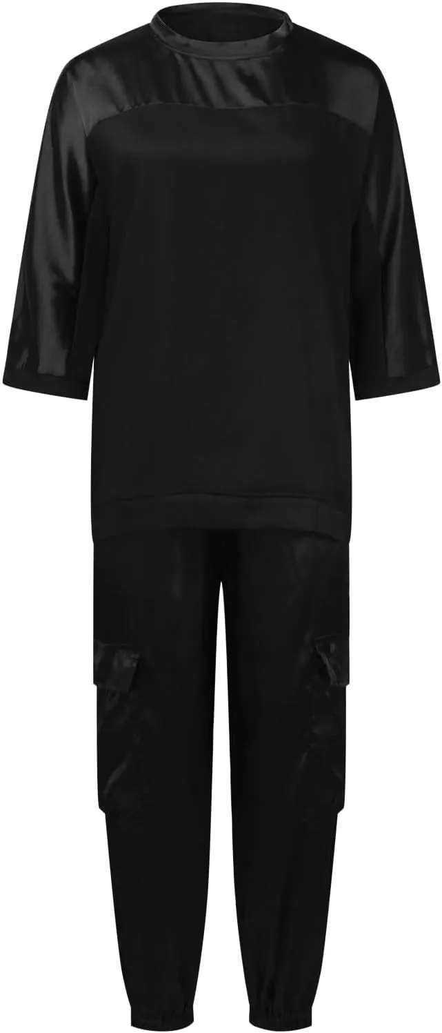 Satin Pajama Set Womens Silk Half Sleeve O Neck Shirt with Long Pant Soft Loungewear Pjs Set Loungewear
