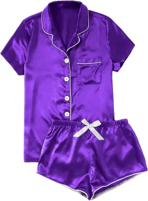 Satin Pajamas for Women Short Sleeve Button Down Shorts Pj Sets Christmas Pajamas Set Soft Comfy Loungewear