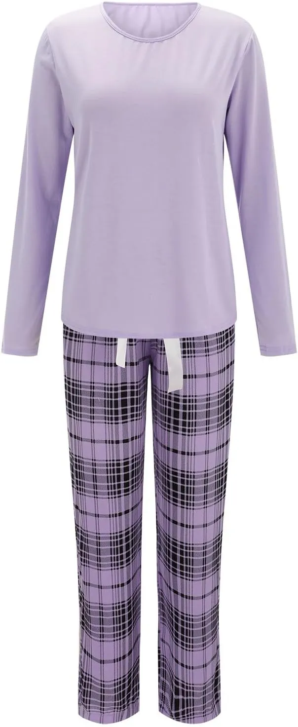 Satin Pajamas for Women Women Plus Size Grid Print Loungewear Long Pants Two Set Sleepwear with Jogger Women Pjs
