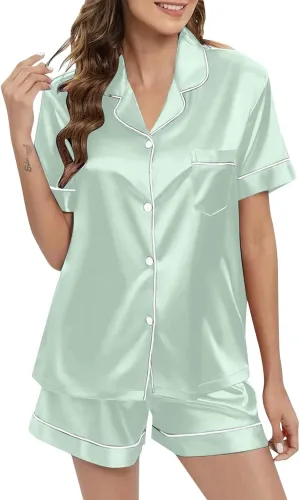 Satin Shorts Pajama Set for Women Button Down Sleepwear Soft Silk Pajamas Loungewear Summer Short Sleeve Top Pjs Sets