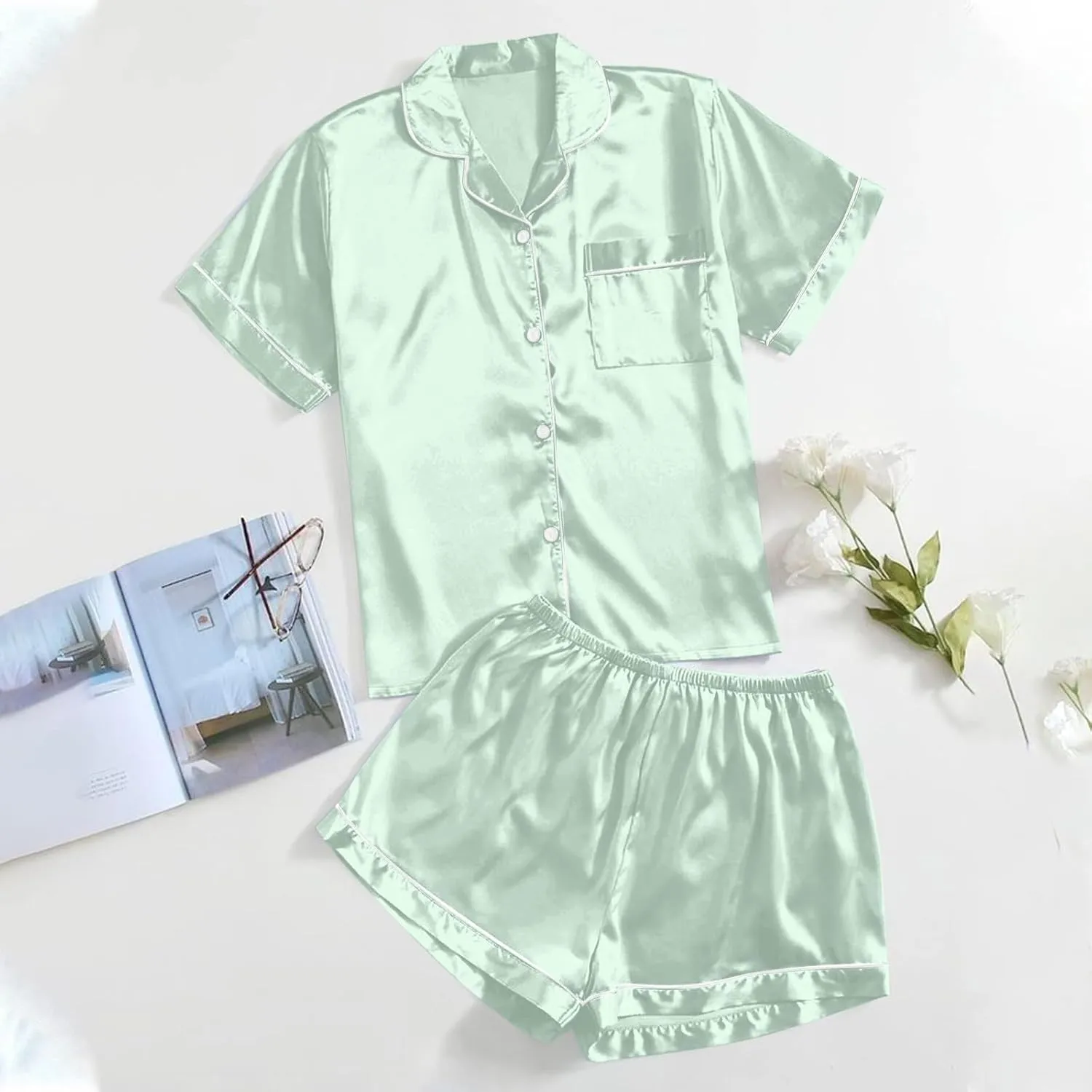Satin Shorts Pajama Set for Women Button Down Sleepwear Soft Silk Pajamas Loungewear Summer Short Sleeve Top Pjs Sets