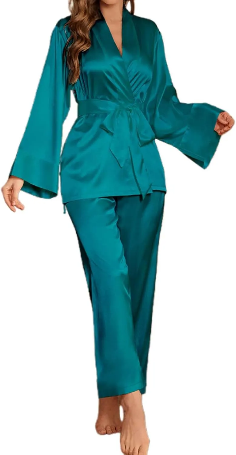 Satin Silk Pajamas for Women Pajama Set With Long Sleeve Robe and Long Pants 2 Piece Loungewear Sleepwear Silk Pjs