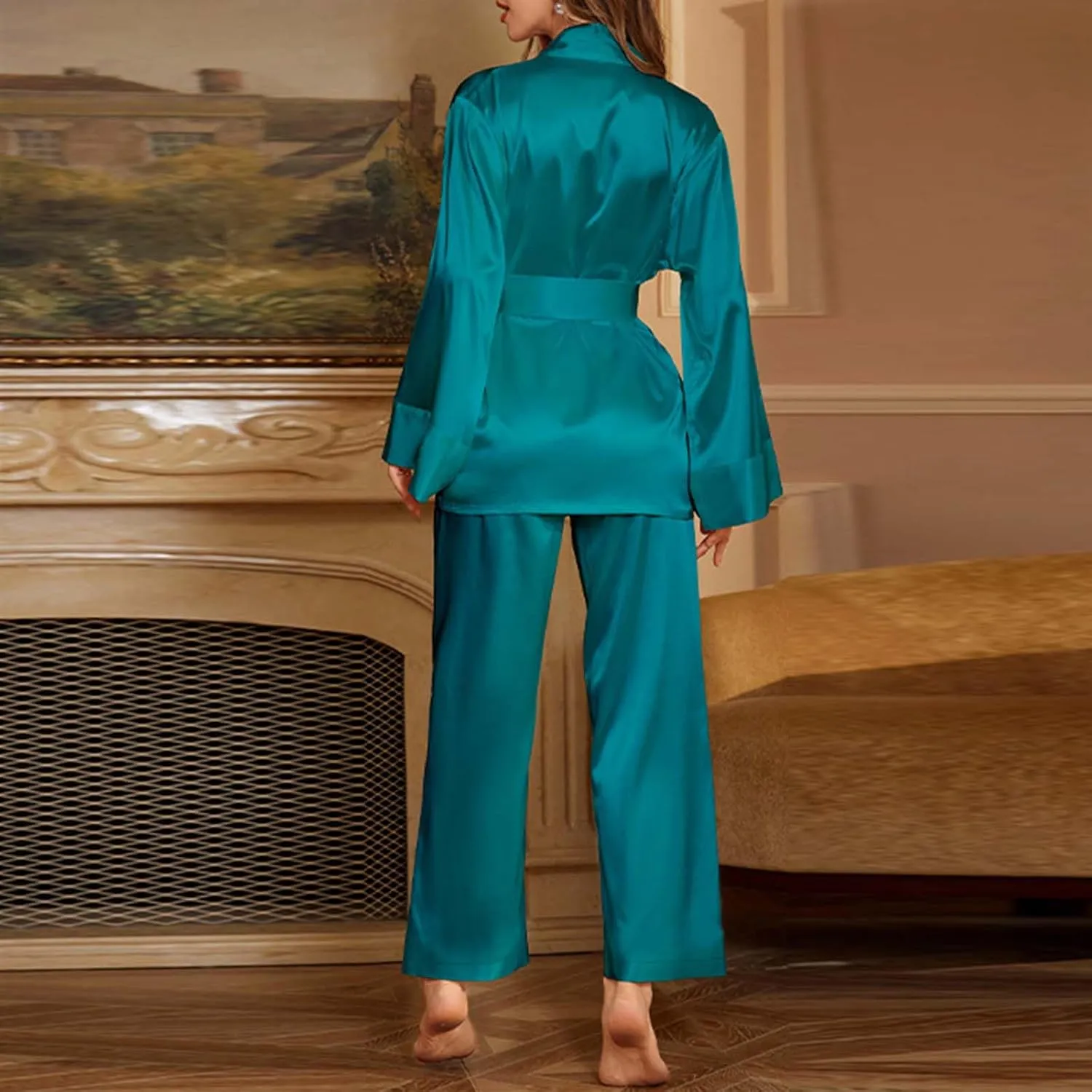 Satin Silk Pajamas for Women Pajama Set With Long Sleeve Robe and Long Pants 2 Piece Loungewear Sleepwear Silk Pjs