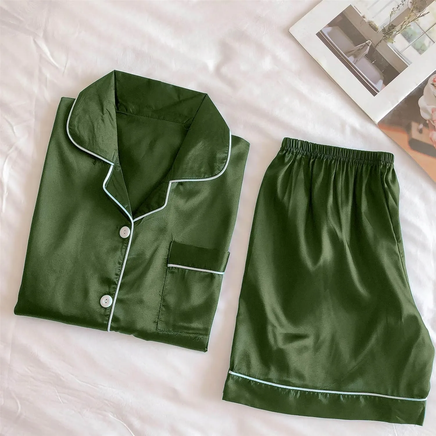 Satin Silk Smooth Pajamas Set for Women Button Lapel Collar Short Sleeve Shirts with Summer Lounge Shorts Sleepwear
